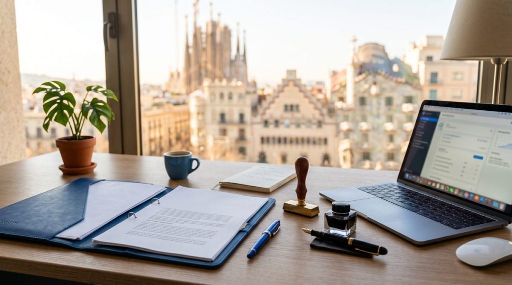 Escritorio de una gestoría en Barcelona con documentos de constitución de una empresa