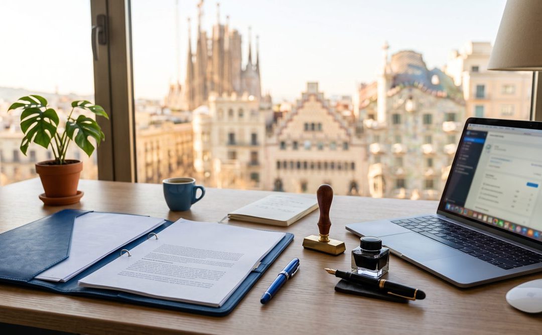 Escritorio de una gestoría en Barcelona con documentos de constitución de una empresa
