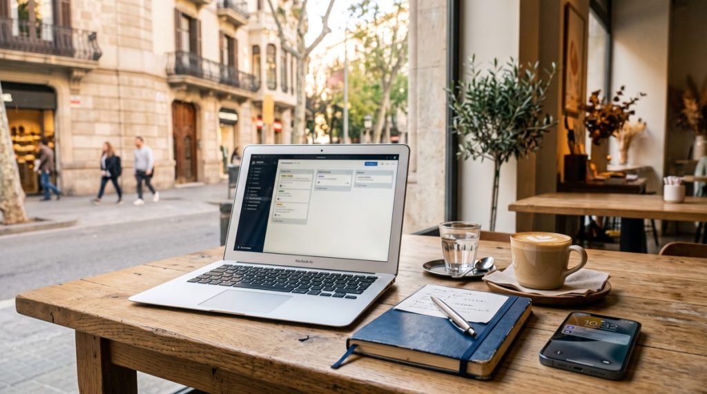 Mesa de trabajo de un autónomo en una cafetería de Barcelona