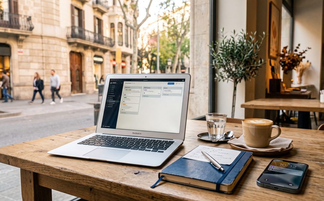 Mesa de trabajo de un autónomo en una cafetería de Barcelona